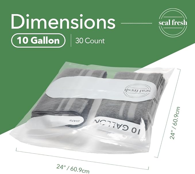 Seal Fresh 10 Gallon Large Plastic Storage Bags – 24" x 24" (30 Count) – Reusuable XXL Extra Large Heavy Duty Clear Jumbo Freezer Zip Bags with Sealable Zipper Top For Clothes, Travel, Moving