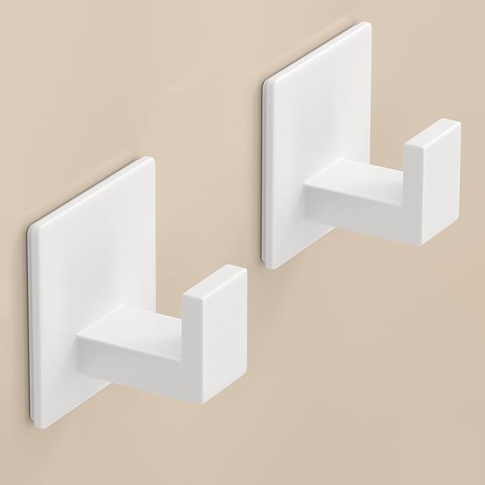 VINHOLD Adhesive Shower Hooks, Towel Hooks for Hanging Robe, Coat, Hat, Loofah, Heavy Duty Wall Hooks Stick on Bathroom, Kitchen and Office (2 Pack, White)