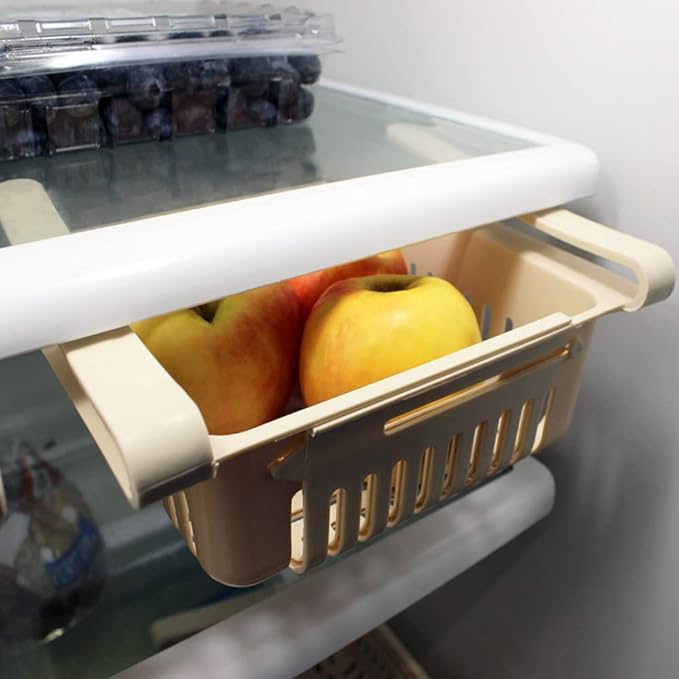 Fenzer Adjustable Drawer for Fridge Kitchen Organizer Adjustable Kitchen Refrigerator Storage Rack Fridge Freezer Shelf Holder Pull-Out Drawer Space 2 Color (White/Cream) (White)