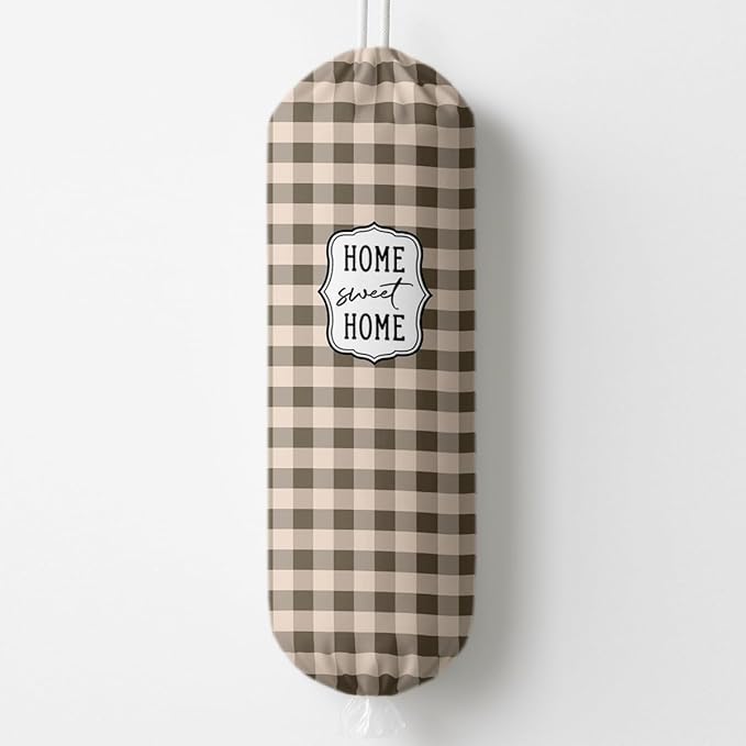 Plastic Bag Holder, Home Sweet Home Plastic Bag Holder for Kitchen Essentials, Brown Grid Bags Holders for Plastics Bags Groceries Store, Kitchen Gifts to Women Family Friends