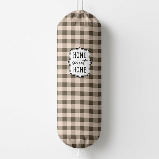 Plastic Bag Holder, Home Sweet Home Plastic Bag Holder for Kitchen Essentials, Brown Grid Bags Holders for Plastics Bags Groceries Store, Kitchen Gifts to Women Family Friends