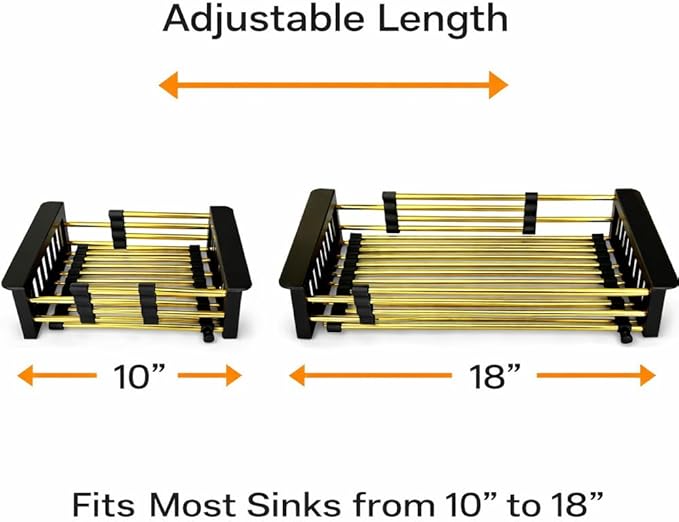 Gold Expandable Dish Drying Rack Over The Sink, Adjustable 10–18 Inch Stainless Steel Sink Drying Rack for Plates, Bowls & Utensils, Space-Saving Kitchen Counter Drainer