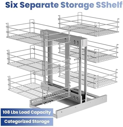 Heavy Duty Stainless Steel Corner Pull Out, 3 Tier 6 Basket Cabinet Organizer for 17" Opening, Soft Close Slide Out Shelves
