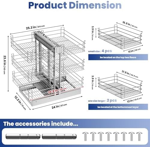 Heavy Duty Stainless Steel Corner Pull Out, 3 Tier 6 Basket Cabinet Organizer for 17" Opening, Soft Close Slide Out Shelves