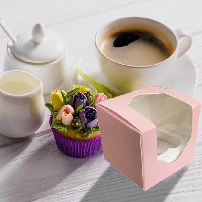 Generic 50PCS 2.5 × 2.5 × 2.5 inch mini Cake Boxes with Window Bakery Boxes Pastry Boxes for Cake, Pastries Chocolates Cupcakes (Pink), 2.5CDGH