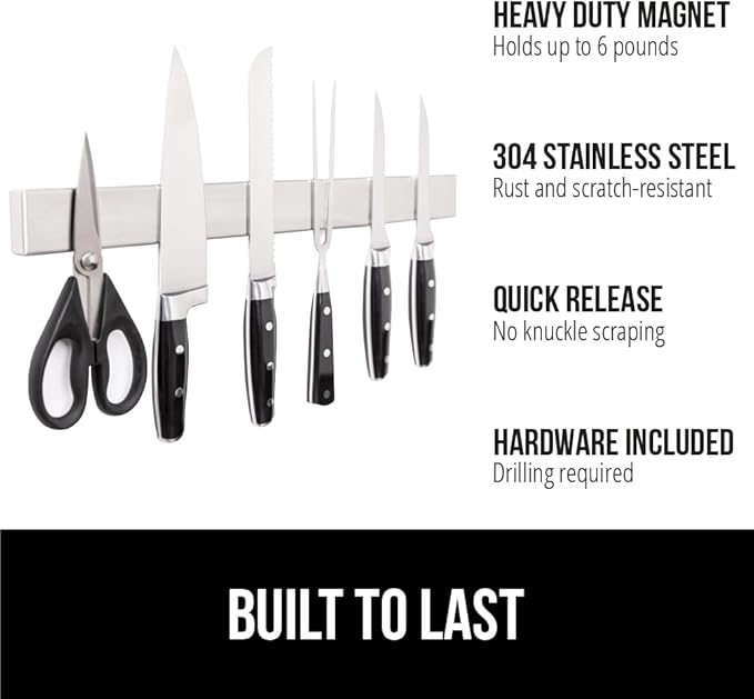 GORILLA GRIP Stainless Steel Magnetic Knife Holder for Wall, Magnet Bar for Knives, Tools, Supplies, Heavy Duty Metal Strip Holds Up to 6 lbs, Kitchen Organizer, 10 in, Non-Adhesive, Drilling Required