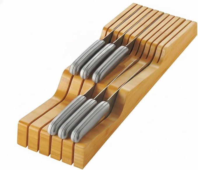 Culinary Edge Bamboo In-Drawer Knife Block Organizer | Space-Saving Knife Drawer Insert for Safe Blade Storage | Eco-Friendly Bamboo Knife Organizer for Kitchen Drawers