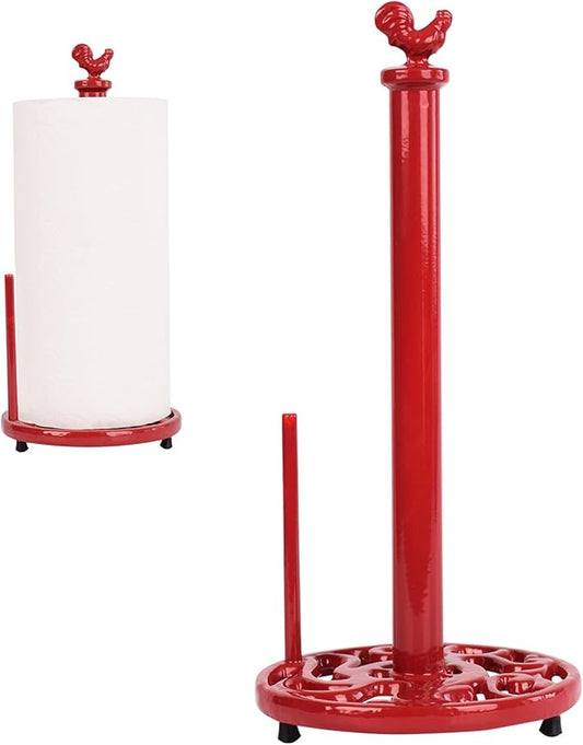 Vintage Rooster Paper Towel Holder - Easy One Handed Tear Cast Iron Roll Paper Towel Dispenser Countertop, Red