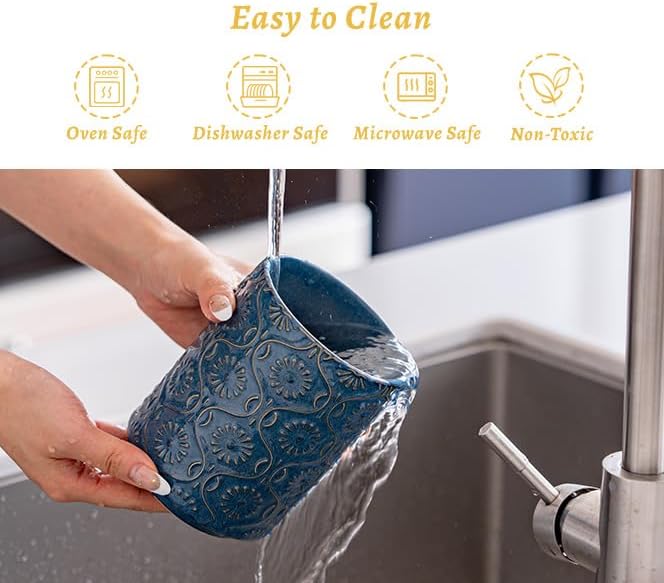 TEATALK Utensil Holder Set of 2, 7.7"+5.7" Ceramic Kitchen Utensil Holder for Countertop, Farmhouse Vintage Utensil Crock, 360° Rotating Large Utensil Organizer, Dark Blue
