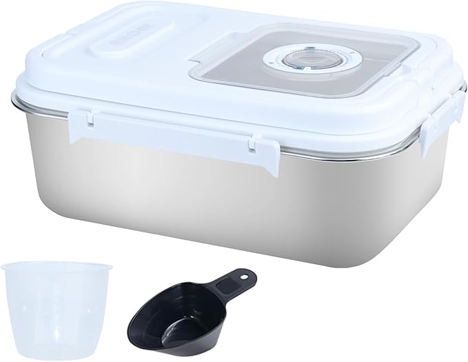 Airtight Stainless Steel Food Storage Container 15lb - Kitchen & Pantry Canister for Rice, Flour, Sugar, Baking Supplies with Measuring Cup & Spoon (Silver)