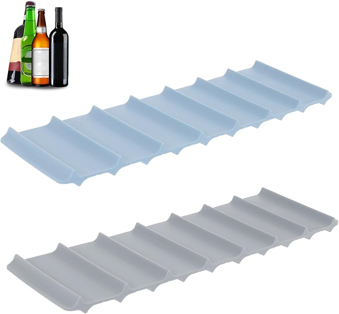 2Pcs Fridge Beverage Mat, Silicone Wine Bottle Holder, Stackable Wine Rack for Refrigerator, Fridge Can Organizer Mat for Cans and Wine Bottles (Grey and Light Blue)