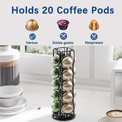 20 Vertuo Pods Coffee Pod Holder Compatible For Nespresso Vertuoline Stand Rack Holds Vertuo line Organizer Carousel 360-Degree Rotatable (Black)