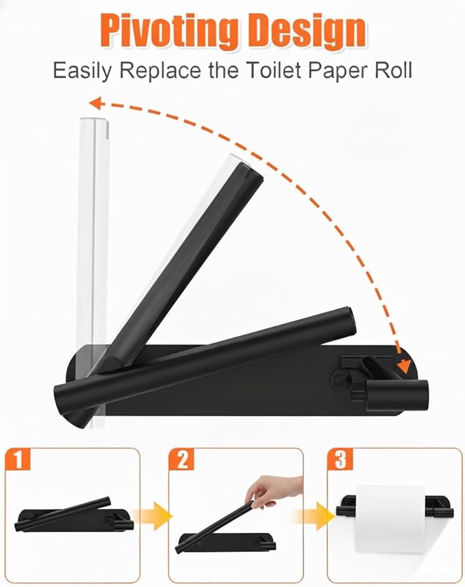 YUET Toilet Roll Holder, Self Adhesive or Screw in Wall Mounted Options, Double Post Pivoting Tissue Roll Holder, Stainless Steel Rustproof Stick On No Drilling Wall Mount for Bathroom, Matte Black