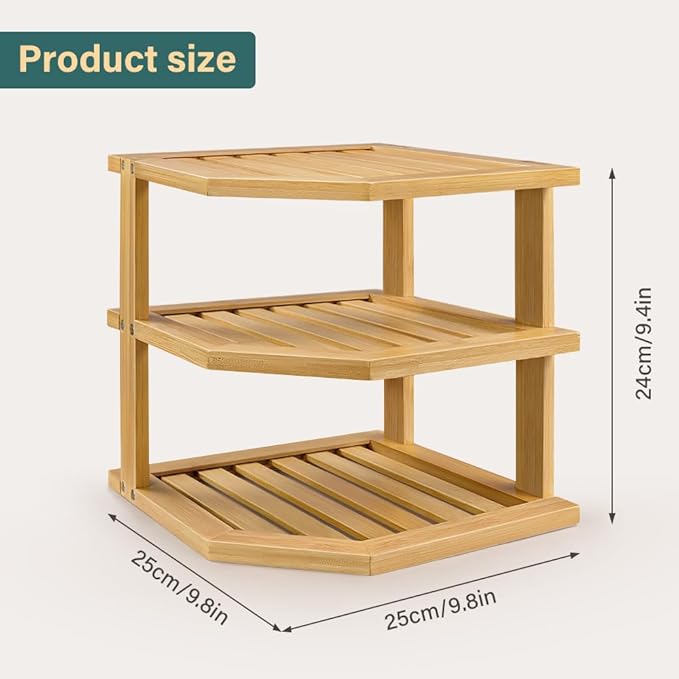 Bamboo Plate Organizer Kitchen Cabinet Organizer 3 Tier Corner Counter Shelf for Plate Dish Bathroom Countertop Shelves, Natural