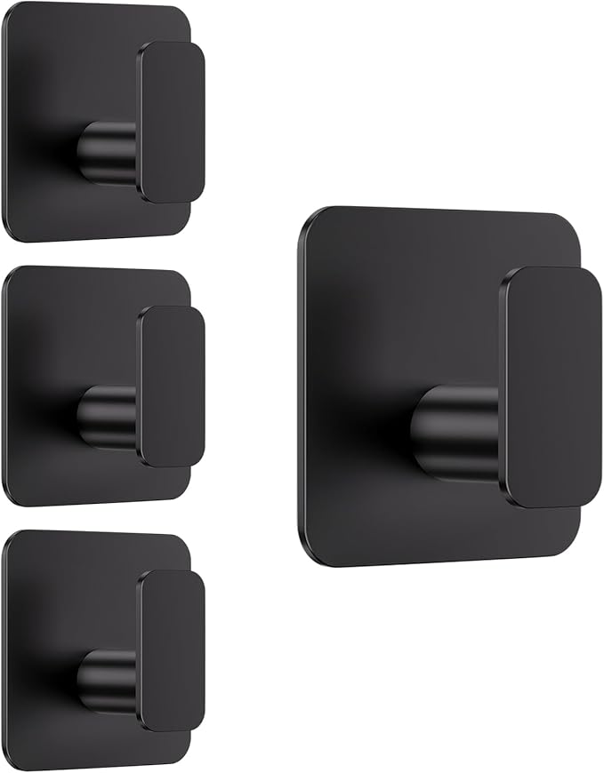 Aikzik Black Hooks for Hanging Heavy Duty, Adhesive Hooks for Shower, Bathroom, Kitchen, Robe, Towel, Coat, Waterproof & Rustproof Hook for Walls No Damage, Sticky Wall Towel Hooks - 4 Pack
