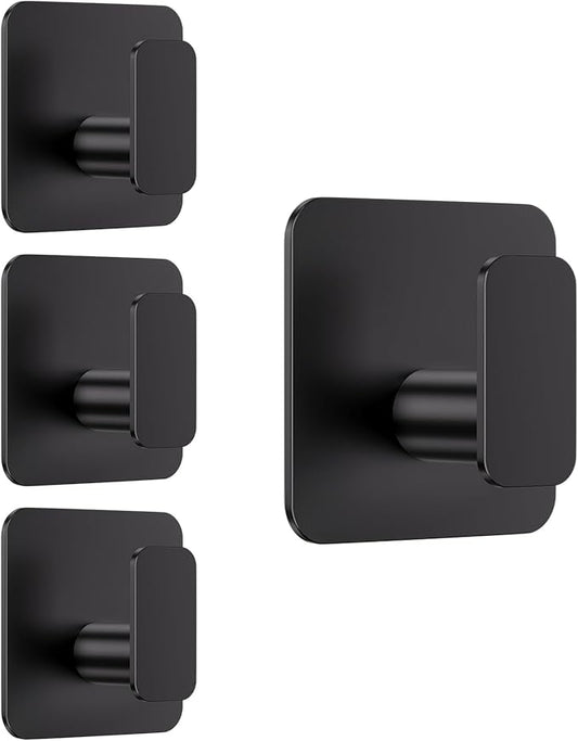Aikzik Black Hooks for Hanging Heavy Duty, Adhesive Hooks for Shower, Bathroom, Kitchen, Robe, Towel, Coat, Waterproof & Rustproof Hook for Walls No Damage, Sticky Wall Towel Hooks - 4 Pack