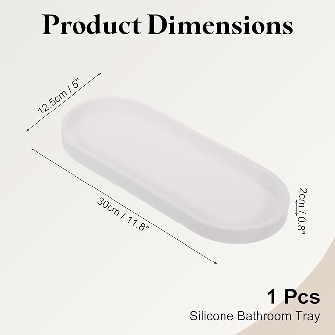 uxcell Bathroom Vanity Tray, 11.8" x 5" Oval Silicone Soap Dispenser Trays, Shatterproof Kitchen Sink Organizer for Soaps Keys Candle Trinket, White
