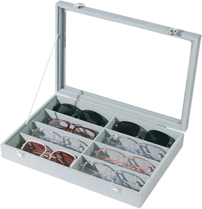 Glasses Holder Box Drawer Sunglass Organizer for Men Clear Wide Storage Case 8 Slots Multiple Reading Glasses Display, Gray Velvet With Clear Glass Lid