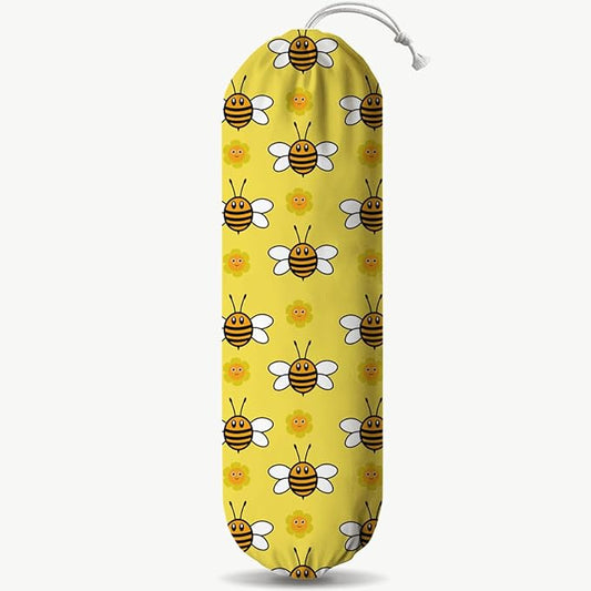 Bees Plastic Bag Holder, Hanging Shopping Bags Storage Carrier, Yellow Fabric Garbage Trash Bag Dispenser for Home Kitchen Pantry Cabinet, Wall Mount, Kitchen Housewarming Gifts for Women