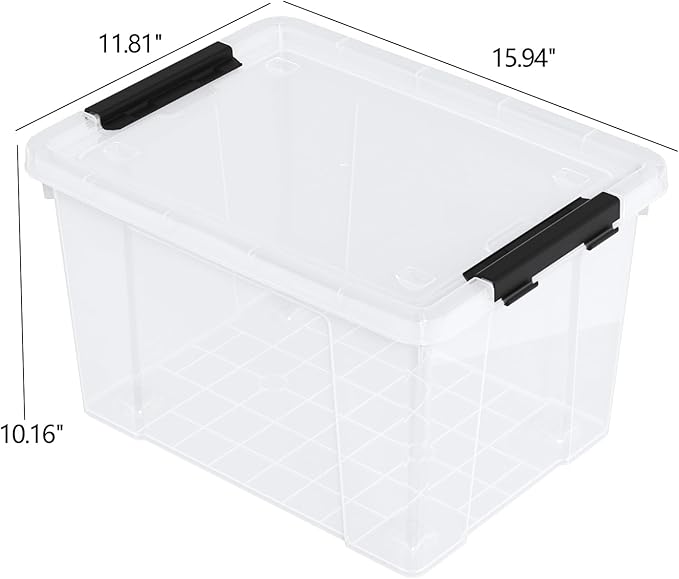 Parlynies 4 Pack 23 L Plastic Latching Storage Box with Wheels, Stackable Container Bin for Holiday Decorations and Accessories, Clear