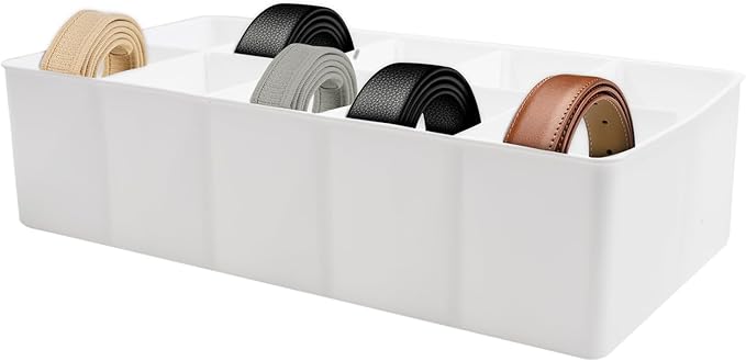 Plastic Belt Organizer, 10 Section Drawer Organizer for Storage Belt, Ties, Underwear and Socks, White Removable Dividers Storage Box for Closet Dresser Drawer, 12 x 6.2 x 3.1 Inch