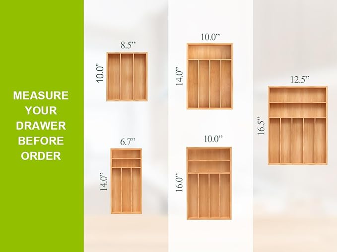 Bamboo Utensil Drawer Organizer with Removable Dividers, Kitchen Organizer for Flatware Cutlery, Silverware Tray for Drawer (6/5 Flexible Slots, Natural)