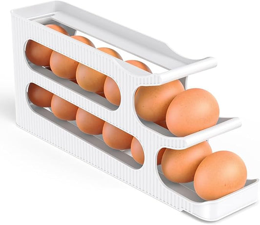 Egg Holder for Fridge, 3 Tiers Auto Rolling Egg Storage Organizer for Refrigerator, Slim Space Saving Container, Dispenser - Egg Roller for Eggs 18 Count