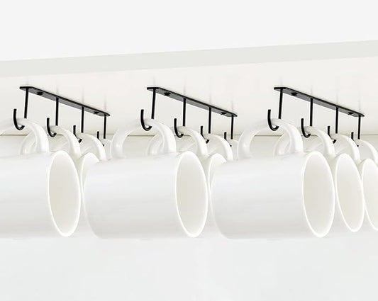 Mkono Under Cabinet Mug Hanger Set of 3 Metal Mug Hooks Coffee Cup Holder with 12 Hooks Simple Coffee Mug Organizer for Cabinet Shelf Modern Mug Storage Display Rack for Kitchen, Black