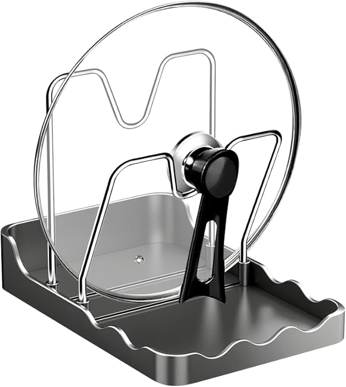 Kitchen Pot Lid Storage Rack, New Multifunctional Stainless Steel Pot and Pan Organizer with Removable Drip Tray, Lid Holder While Cooking, Lid And Spoon Rest (Gray Double)
