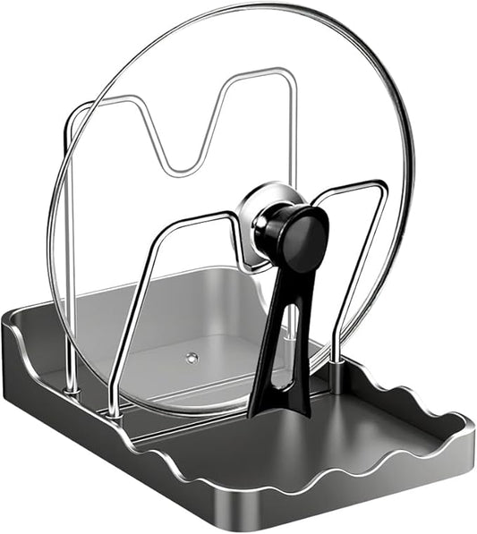 Kitchen Pot Lid Storage Rack, New Multifunctional Stainless Steel Pot and Pan Organizer with Removable Drip Tray, Lid Holder While Cooking, Lid And Spoon Rest (Gray Double)