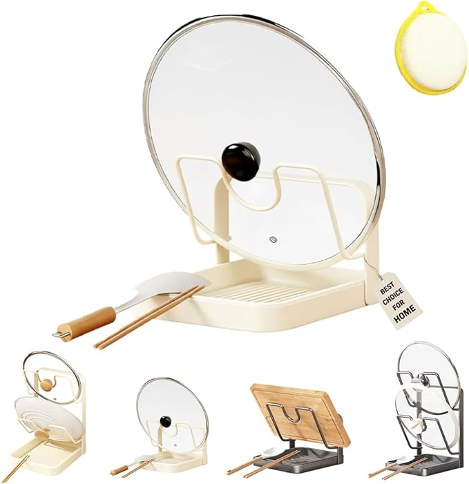 Kitchen Pot Lid Storage Rack, Multifunctional Stainless Steel Pot and Pan Organizer with Removable Drip Tray, Two-Compartment Spatula Holder for Counter Stove Top Kitchen Accessories(Beige,Single)