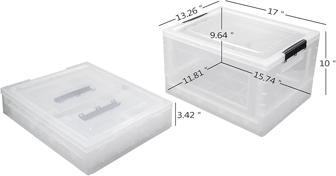 Qsbon Qskely 30 L Clear Plastic Collapsible Storage Crate, Folding Storage Box with Lid, 4-Pack