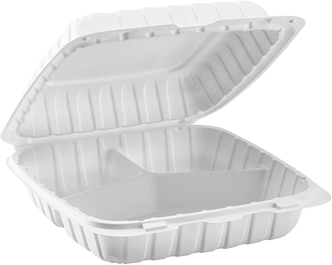 KARAT EARTH Clamshell Take Out Food Containers [9"x9" - 120 ct] To Go Containers | 3 Compartment, Soak-Resistant, Durable, Stackable | Vented for Hot/Cold Foods, White