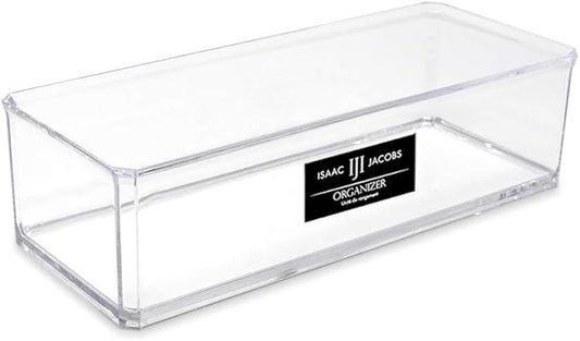 Isaac Jacobs Clear Acrylic Rectangular Stackable Storage Organizer, (9"L x 3.5"W x 2.5"H) Drawer Tray without Lid, Open-Top Organizer, Multi-Functional, Bathroom, Kitchen, Home, Office, Desk, Drawers