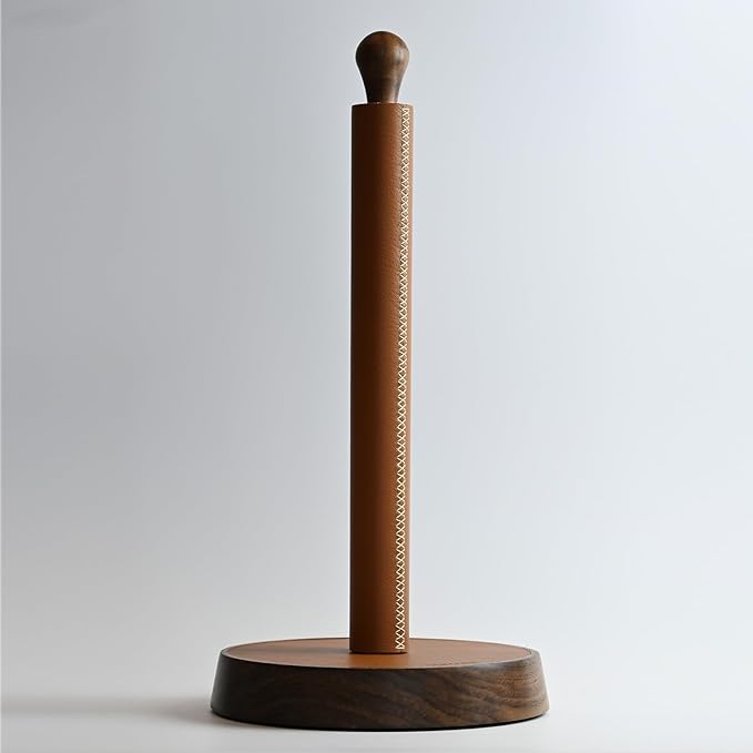 YUMORE Paper Towel Holder for Kitchen Countertop - Designer Walnut Wood and Leather Stand with Stabel Base, Modern Organizer for Bathroom