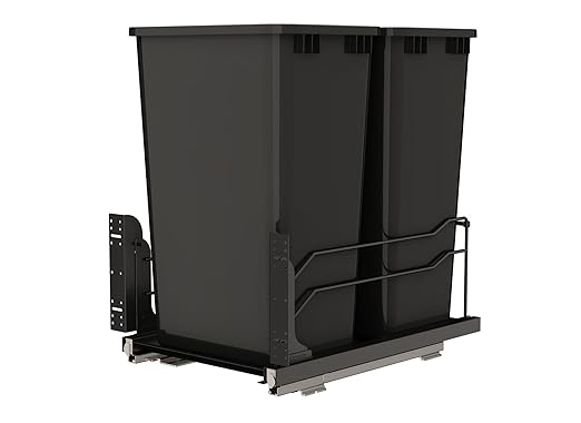 Rev-A-Shelf Double Pullout Trash Can for Under Kitchen Cabinets 50 Qt. 12.5 Gallon w/Soft-Close Slides for 21” Base Cabinets Black, 53WC-2150SCDM-218