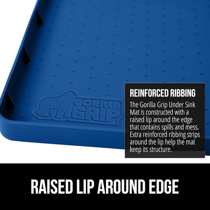 GORILLA GRIP Waterproof Silicone Under Sink Mat with Raised Lip for Kitchen and Bathroom, Cabinet Shelf Liner Stay in Place Mats Dishwasher Safe Drawer Liner, Organizer Tray, 19 x 22 in, Blue