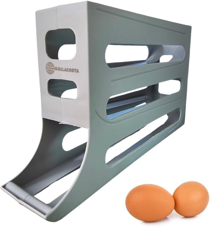 K&KLACOSTA 4 Tier Egg Tray, Automatic Egg Rolling Dispenser Rack for Storing Organizing Distributing and Rolling Eggs in Refrigerator Stackable, in Kitchens, Cabinets, Dining Grey (Grey, Regular)
