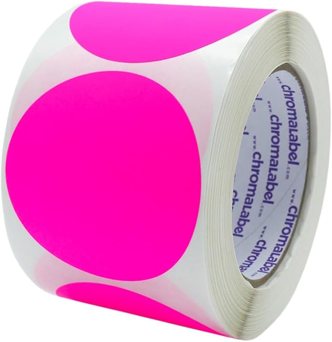 ChromaLabel 3 Inch Circle Sticker Labels, High Visibility Round Sticker Labels, Removable Sticky Dots - 500 Colored Dot Stickers per Roll, Fluorescent Pink Label Stickers