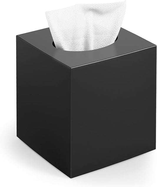 Tissue Box Cover, Square Modern Facial Acrylic Tissue Holder Napkin Dispenser Accessories for Bathroom Vanity Countertop,Bedroom Dresser,Night Stand,Desk,Office (Black)