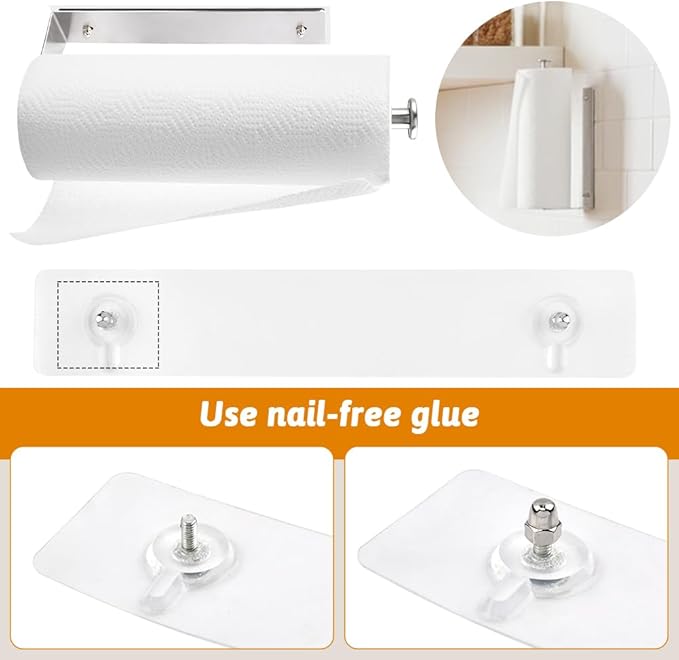 Magnetic Paper Towel Holder for Fridge, No Drill, One Hand Tear Paper Towel Holder with Ratchet Mechanism, Self-Adhesive & Wall Mount for Refrigerator, Kitchen, Garage, RV(Color:Silver)