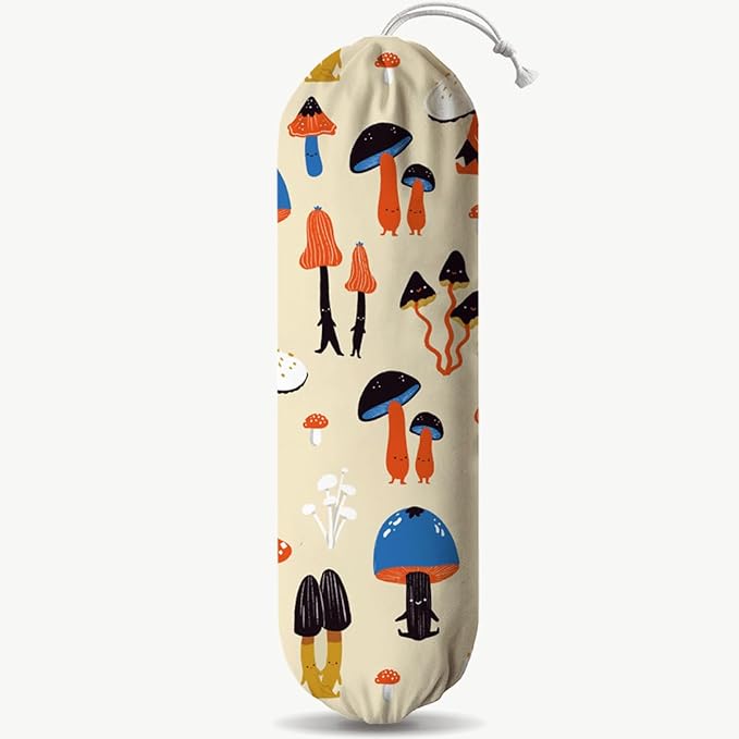Mushroom Plastic Bag Holder, Reusable Hanging Shopping Bags Storage Organizer, Colorful Fabric Garbage Trash Bag Dispenser for Home Kitchen Pantry Cabinet, Wall Mount, Kitchen Housewarming Gifts