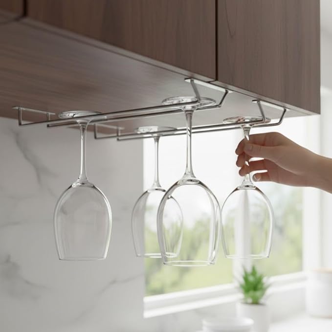 Soro Essentials- 10" Glass Hanging Stemware Rack Chrome Plated Set of 2- Wine Glass Hangers Under Shelf Cabinet Wire Wine Holder Storage Hanger for Cabinet Kitchen Bar or Home