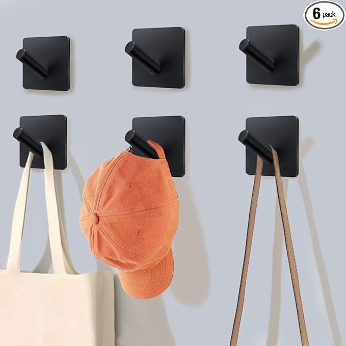 EDMILE Adhesive Towel Hooks 6 Pack, Bath Towel Hooks, Adhesive Wall Hooks for Bathroom Coat Robe Kitchen, Stainless Steel self-Adhesive Hooks, Black