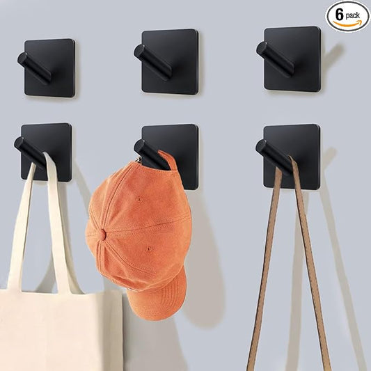 EDMILE Adhesive Towel Hooks 6 Pack, Bath Towel Hooks, Adhesive Wall Hooks for Bathroom Coat Robe Kitchen, Stainless Steel self-Adhesive Hooks, Black
