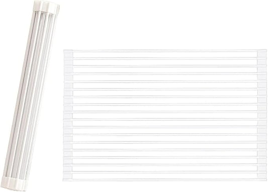 Roll Up Dish Drying Rack Over The Sink.Foldable Kitchen Drainer,Fully Silicone Cover Stainless Steel Bar,Heat-Resistant, Anti-Slip Sink Rack for Kitchen Counter Multipurpose.