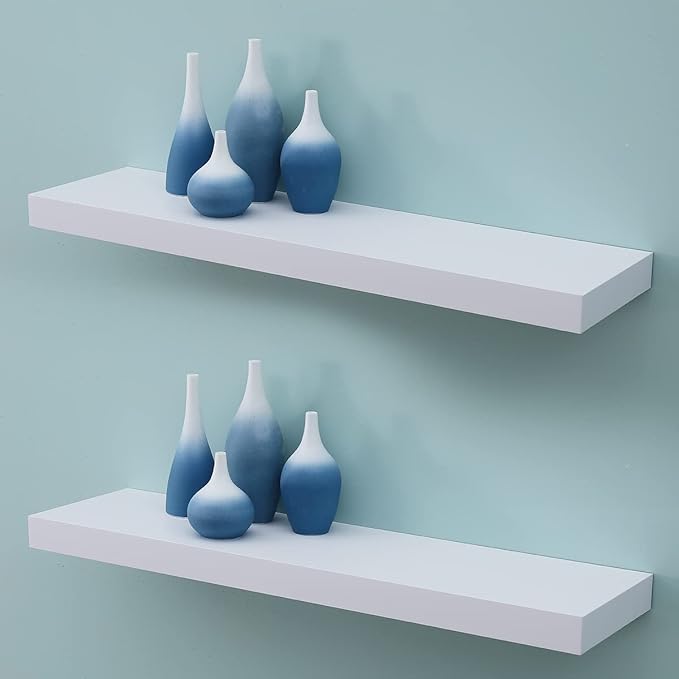 WELLAND 24 inch White Mission Floating Shelves for Wall, Bathroom and Bedroom, Modern Display and Book Shelves, Wall Mounted