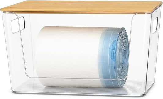 Trash Bag Holder with Bamboo Lid - Stackable Under Sink Organizer & Garbage Bag Dispenser for Kitchen Organization - Large Plastic Holder for Laundry Room, Pantry, Bathroom, Cabinets, 1 Pack