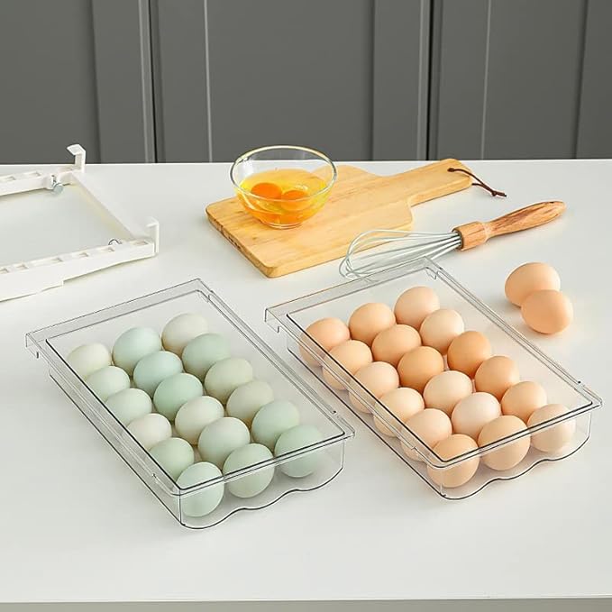 IVAILEX Egg Holder for Refrigerator, Fridge Egg Storage Tray, Clear Plastic Egg Drawer for Refrigerator, Space Saver Egg Storage Container & Organizer