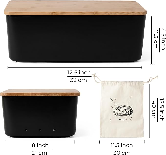 MIAMIO – Bread Box for Kitchen Countertop/Ceramic Bread Box with Cutting Board, Bread Container with Bamboo Lid, 12.6 x 7.9 x 4.5 inches